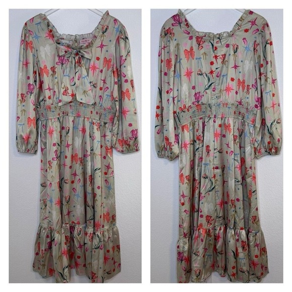 Ivy City Co XL Dress Midi Ruffle Bow Star Floral Print Satin Long Sleeve - Picture 3 of 14